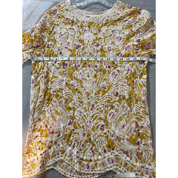 Solitaire Mustard Yellow and Rose Print Embroidered Cottage Core Blouse L - Picture 10 of 11